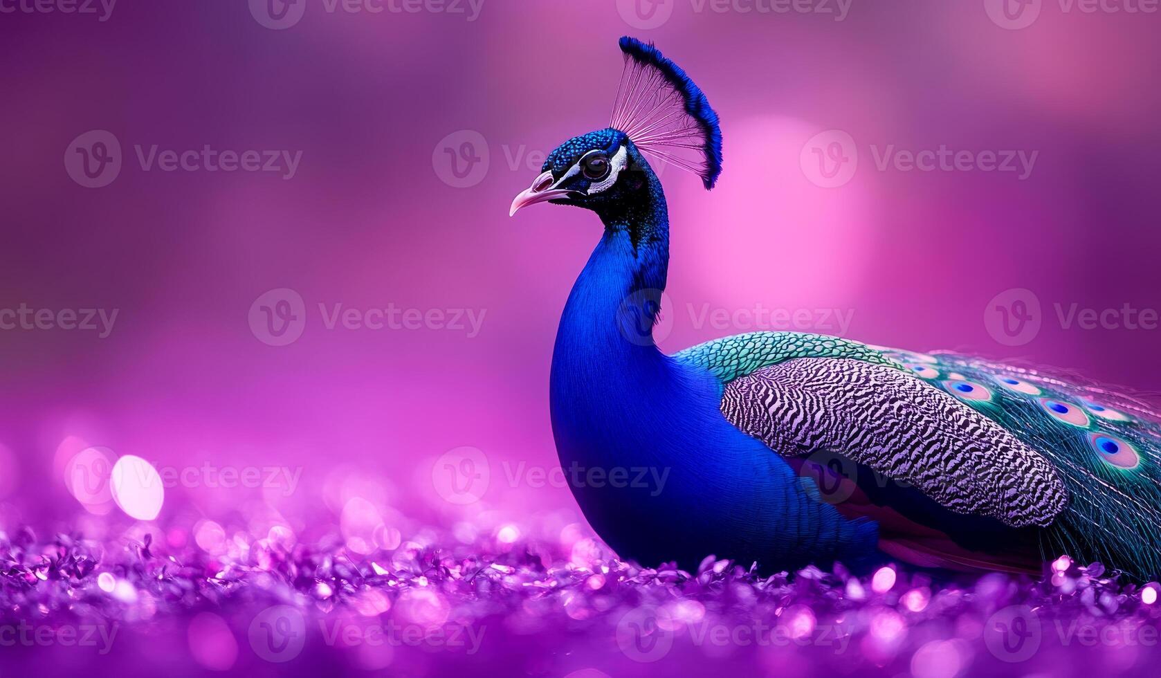 A blue peacock is standing on a purple background. The peacock is the main focus of the image, and the purple background adds a sense of depth and contrast to the scene. Concept of calm and serenity photo