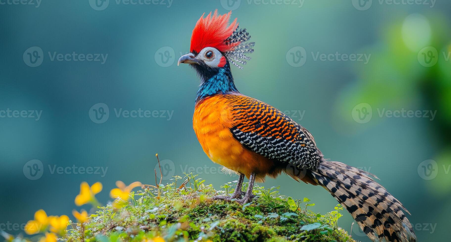 A bird with a red head and orange feathers stands on a mossy rock. The bird is surrounded by green foliage and flowers, creating a peaceful and serene atmosphere photo
