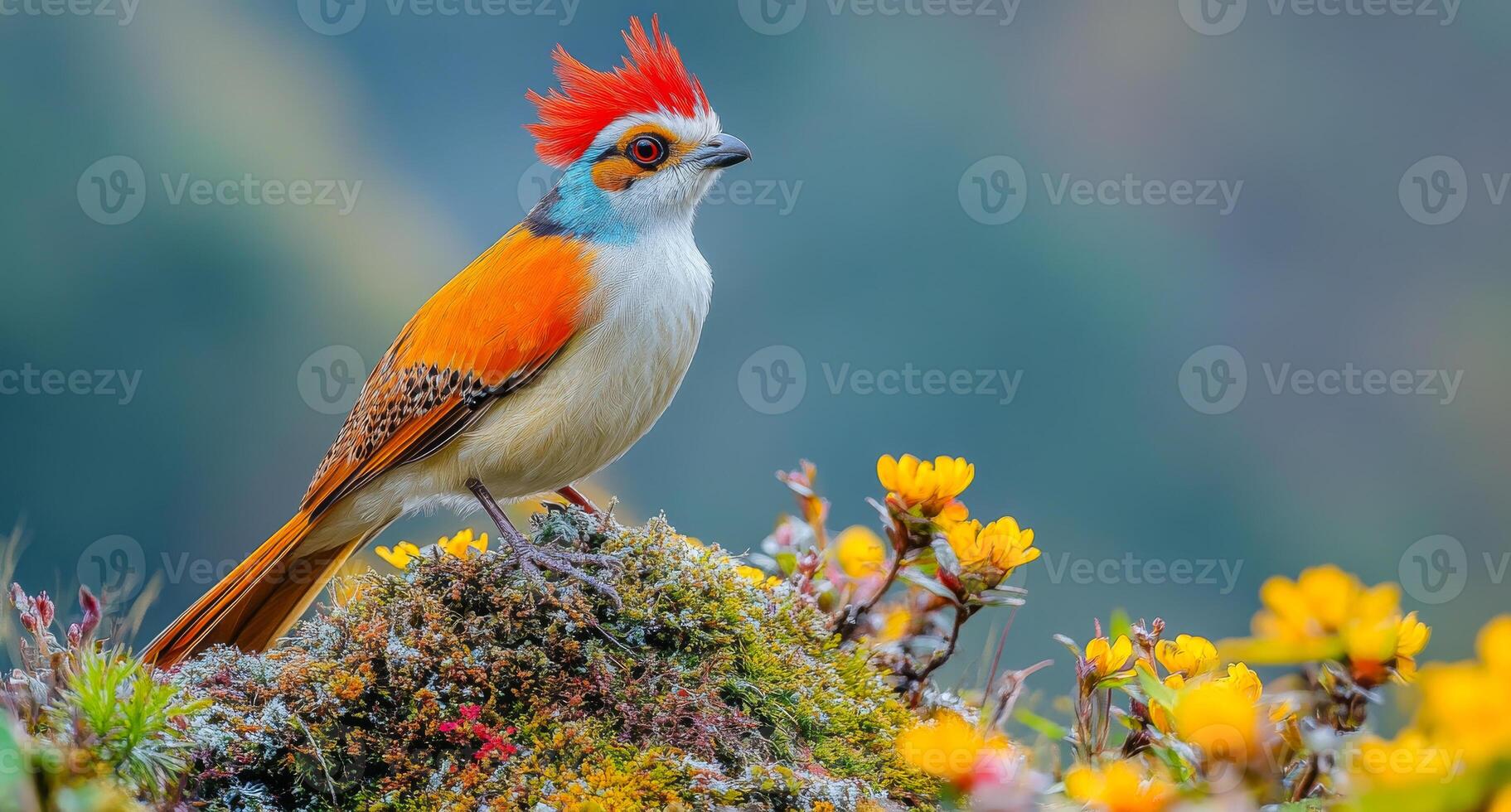 A bird with a red head and orange feathers is perched on a rock in a field of yellow flowers photo