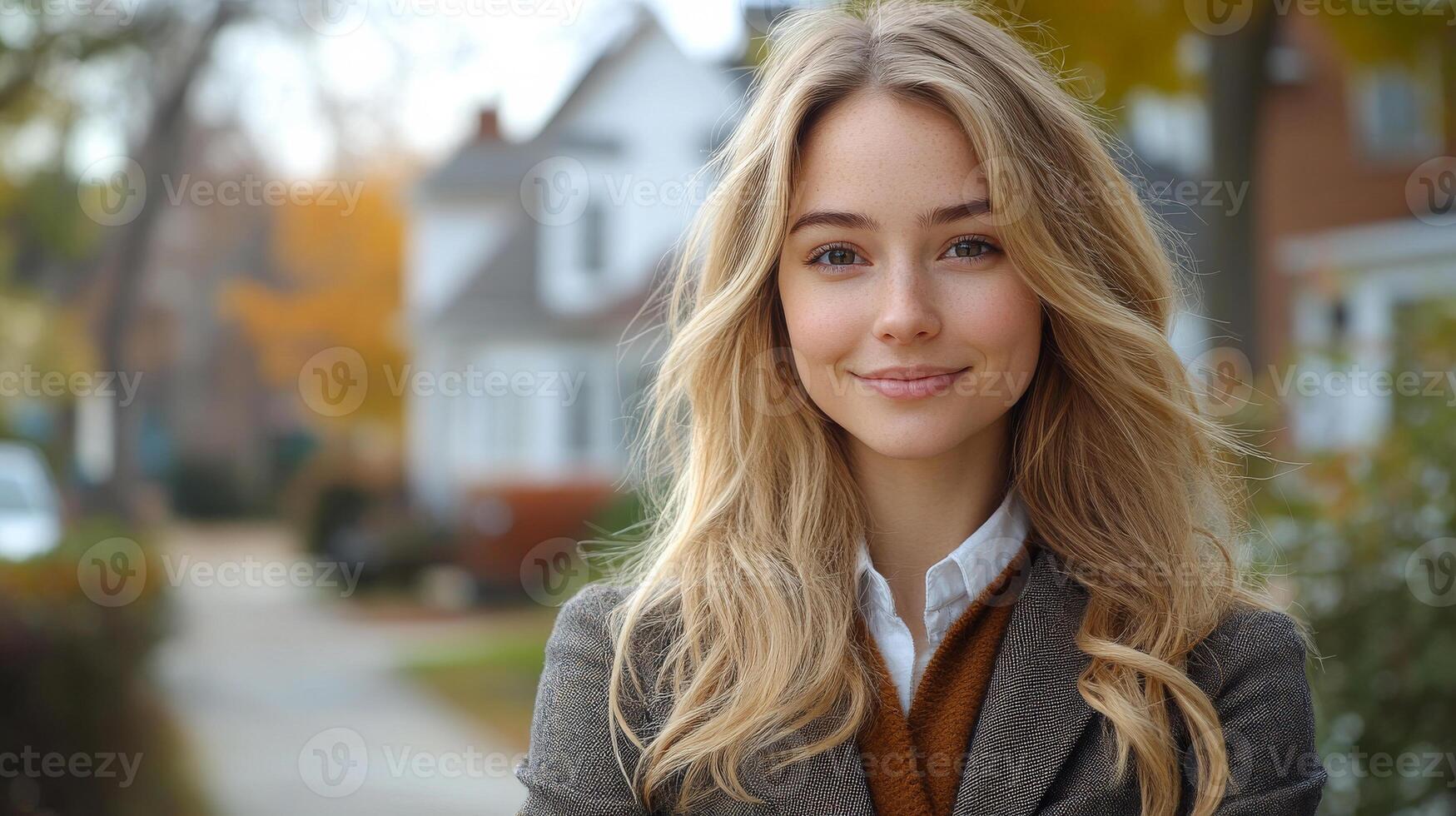 A blonde woman is smiling and wearing a sweater and jacket. She is standing in front of a house photo