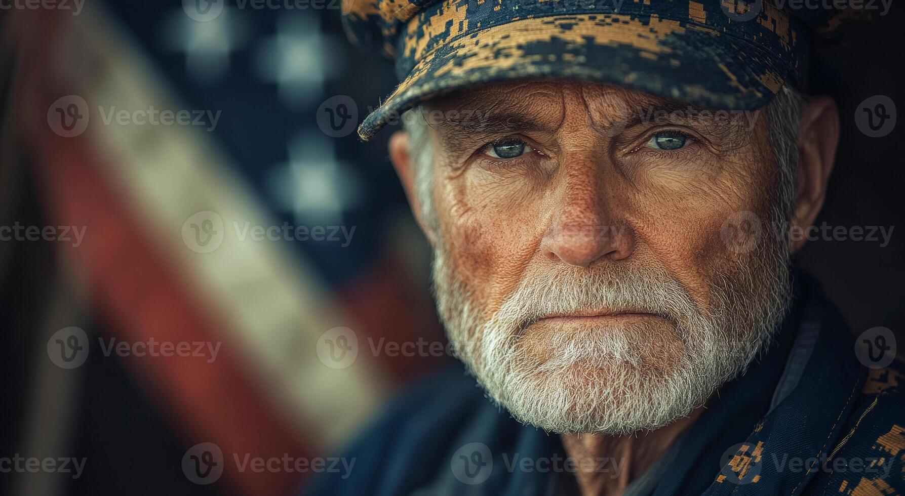 A man with a military hat and a beard is standing in front of an American flag. He looks tired and sad photo