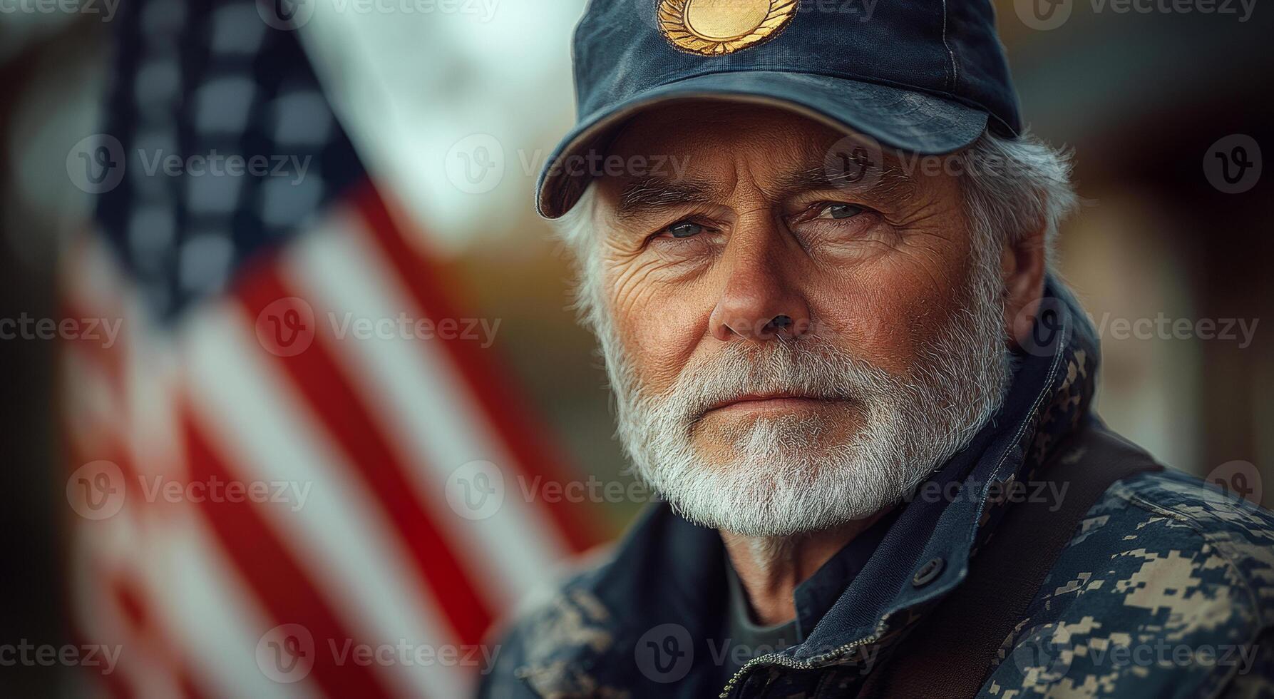 A man with a military hat and a flag behind him. He looks serious. The flag is red, white and blue photo