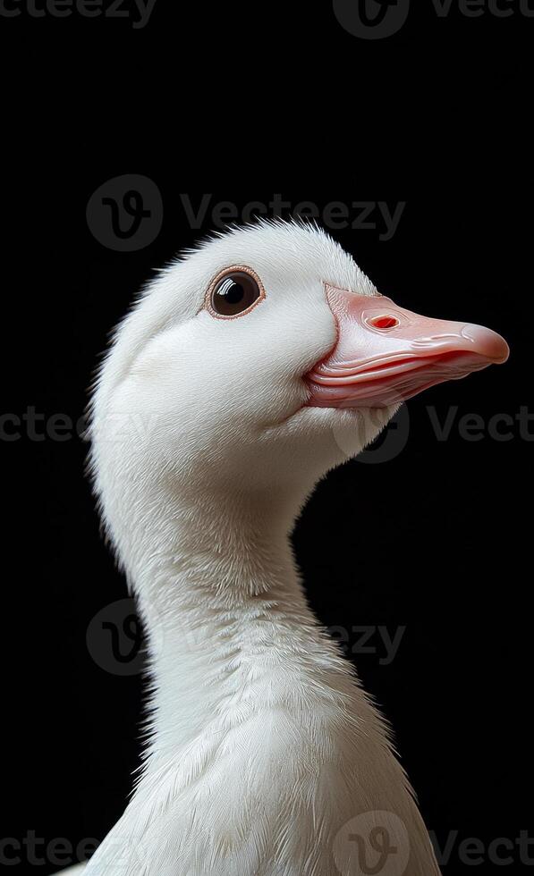 A duck is looking at the camera with its beak open. The duck is white and has a pinkish color on its beak photo