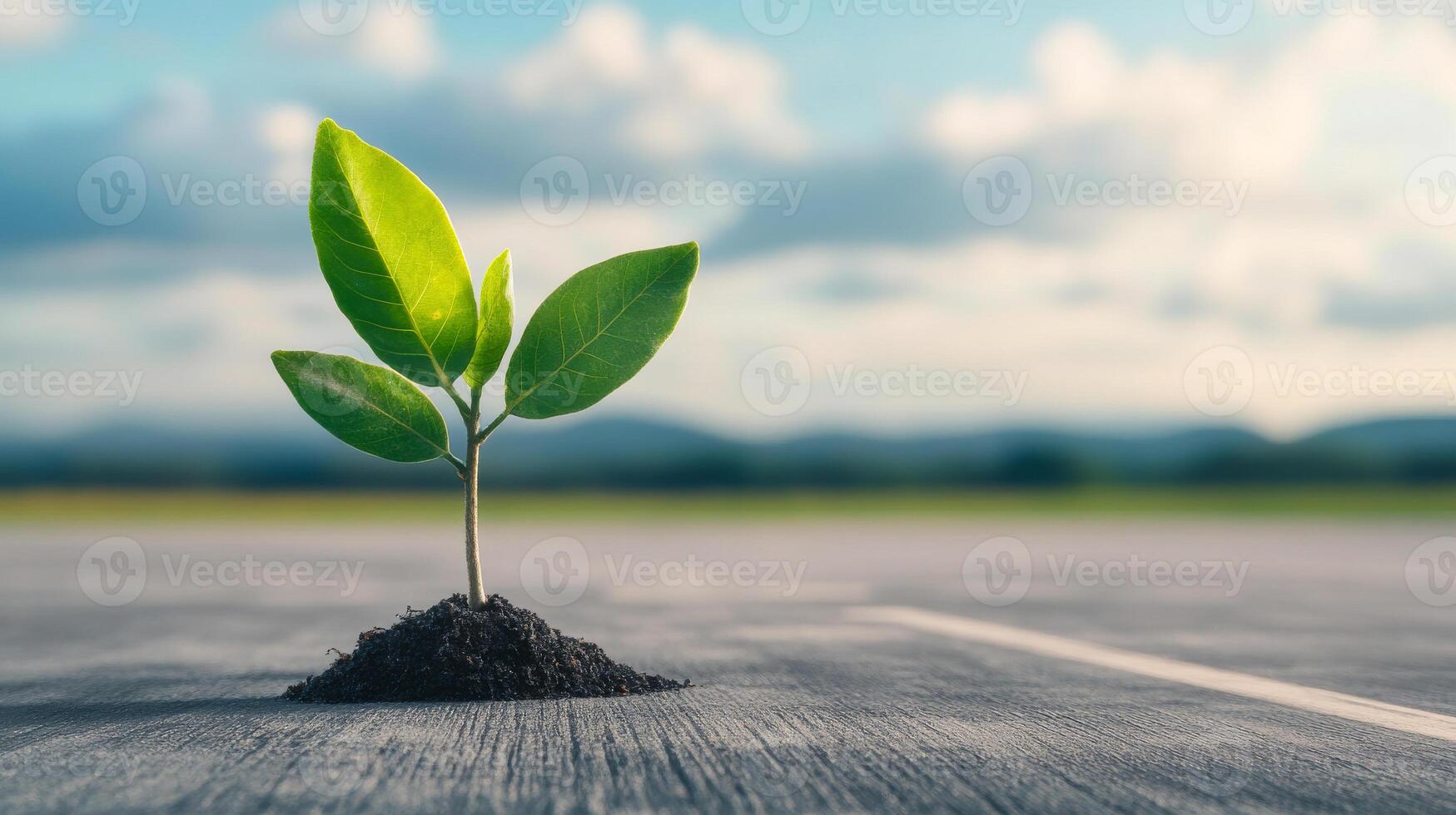 A small green plant is growing in a crack in the pavement. Concept of hope and resilience, as the plant is able to grow in an unlikely environment photo
