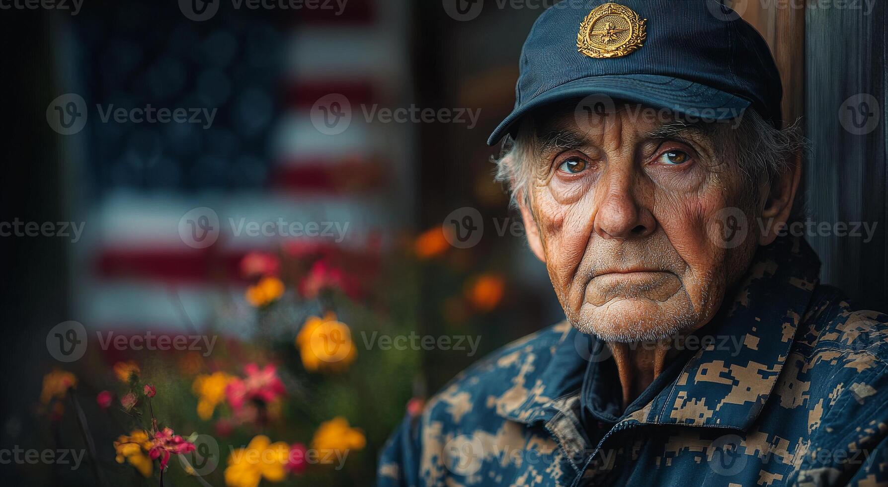 A man in a military uniform stands in front of a flag. He has a hat on his head and a beard photo