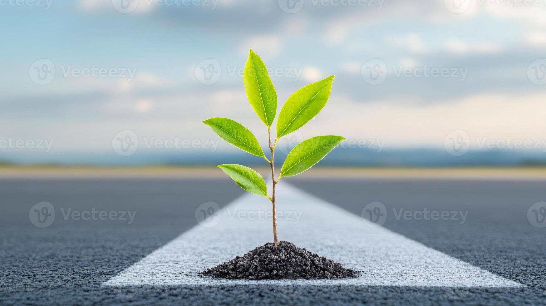 A small green plant is growing out of the ground on a road. The plant is surrounded by dirt and he is thriving in the harsh environment. Concept of resilience and hope, as the plant is able to grow photo