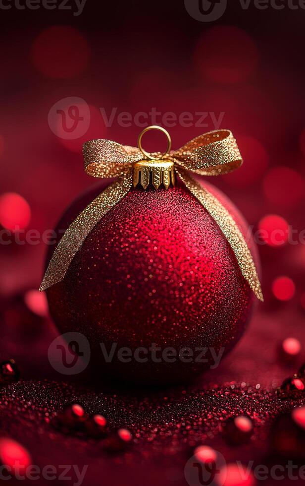 A red ornament with a gold ribbon is sitting on a red background. The red and gold colors create a warm and festive mood, perfect for the holiday season photo
