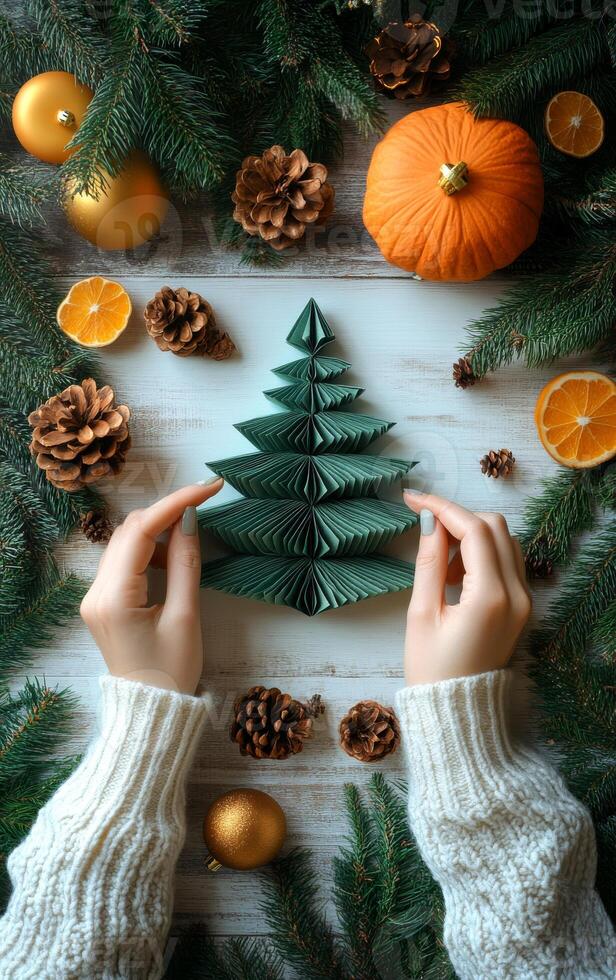 A person is holding a paper tree in front of a Christmas tree. The tree is made of paper and is decorated with orange and gold ornaments. The scene is festive and joyful photo