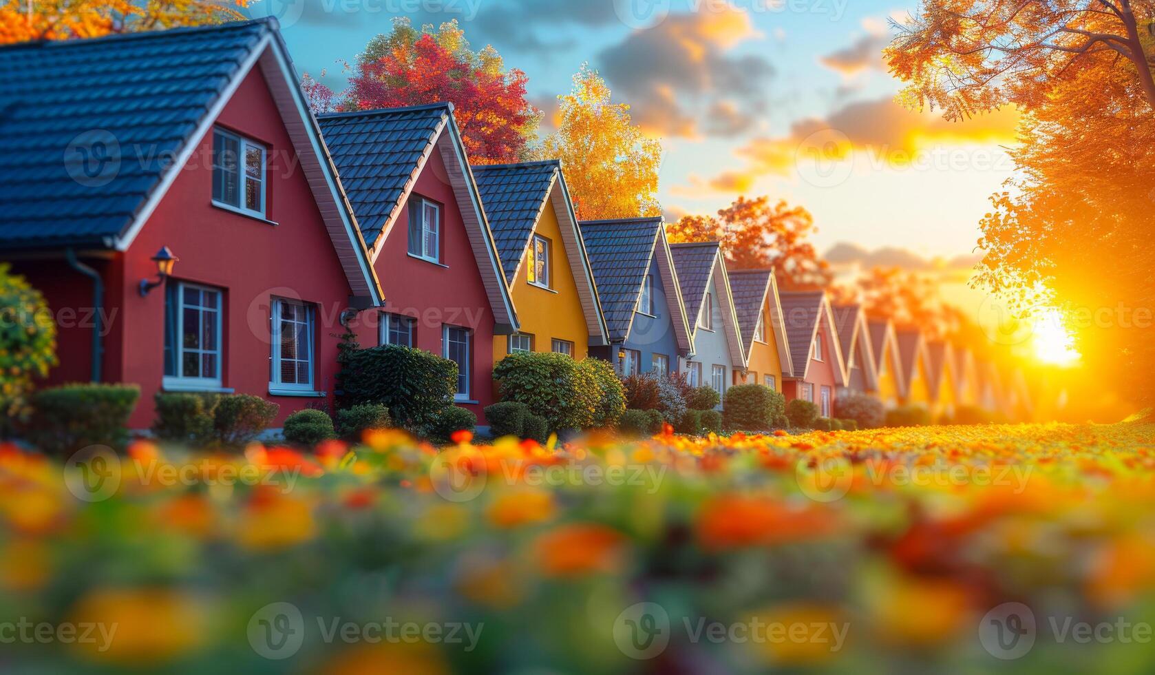 A row of houses with a bright orange sun in the background. The houses are all different colors and are lined up next to each other photo
