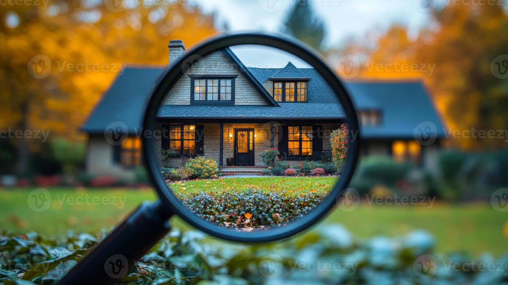 A house is shown through a magnifying glass, with the view of the house's exterior and the surrounding landscape. The house appears to be a large, brick home with a well-maintained yard photo