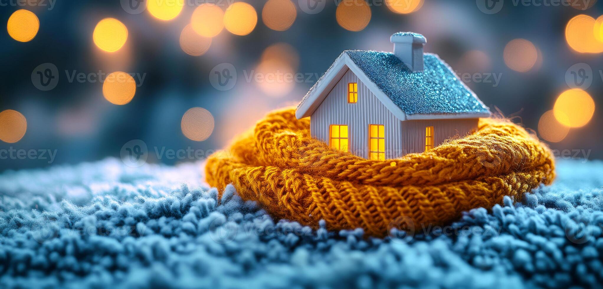 A small house is sitting on a blanket on the ground. The house is surrounded by a yellow blanket photo