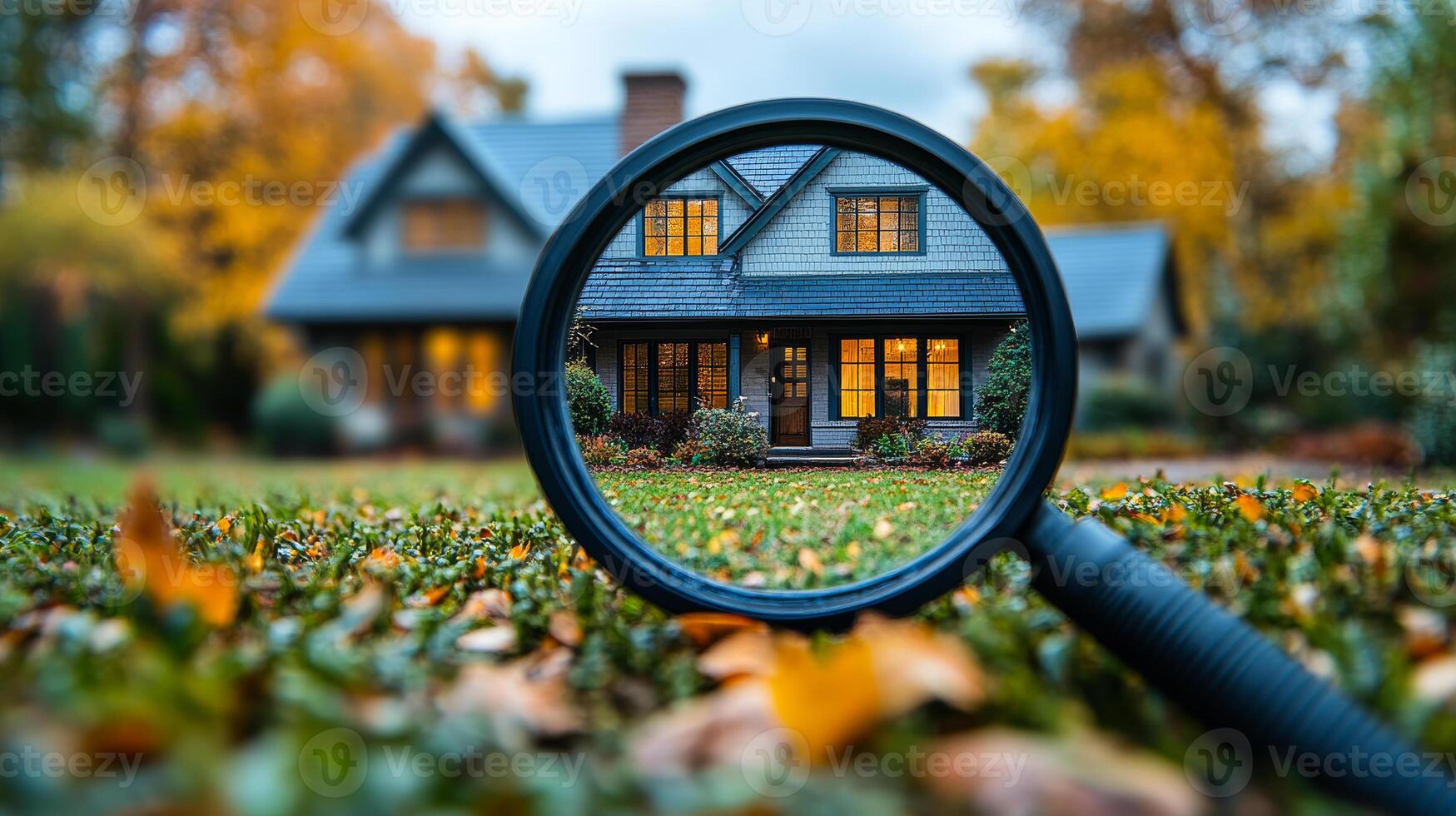 A house is reflected in a magnifying glass. The house is surrounded by trees and grass. The house is a large, white house with a black roof photo