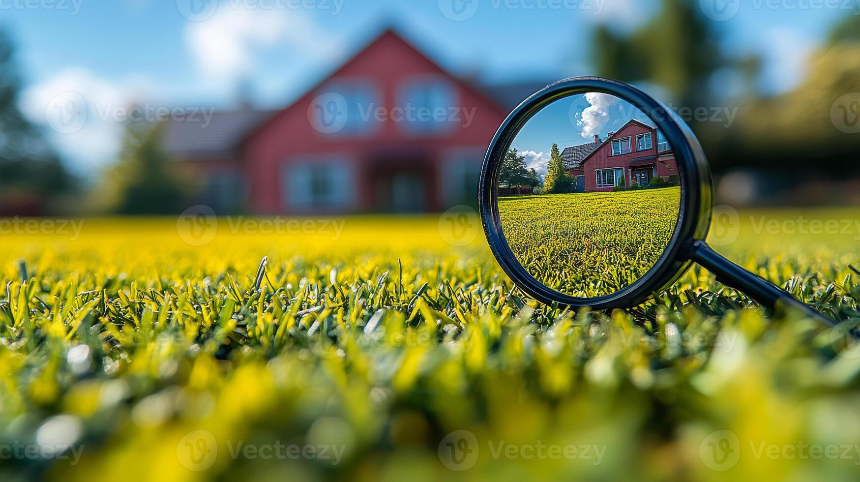A house is reflected in a magnifying glass. The house is red and has a lot of windows. The grass is green and the sky is blue photo