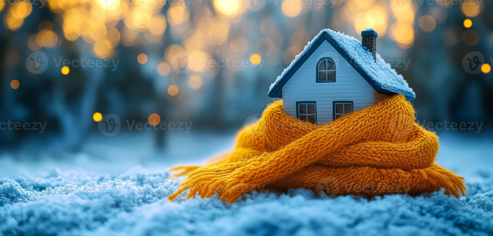 A small house is covered in a yellow blanket. The house is surrounded by snow and the blanket is on top of the snow. The image has a cozy and warm feeling to it photo