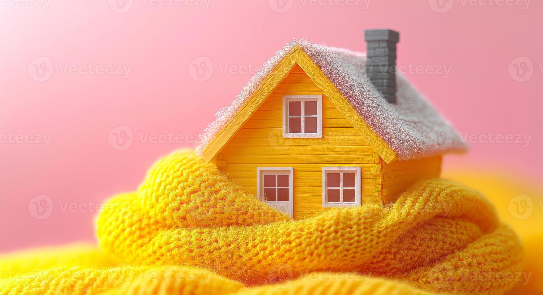 A yellow house is covered in a blanket. The house is small and has a chimney photo