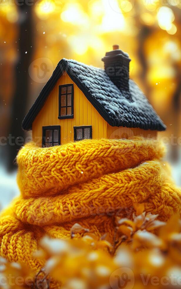 A yellow house is covered in a blanket. The house is small and cozy. The image has a warm and inviting mood photo
