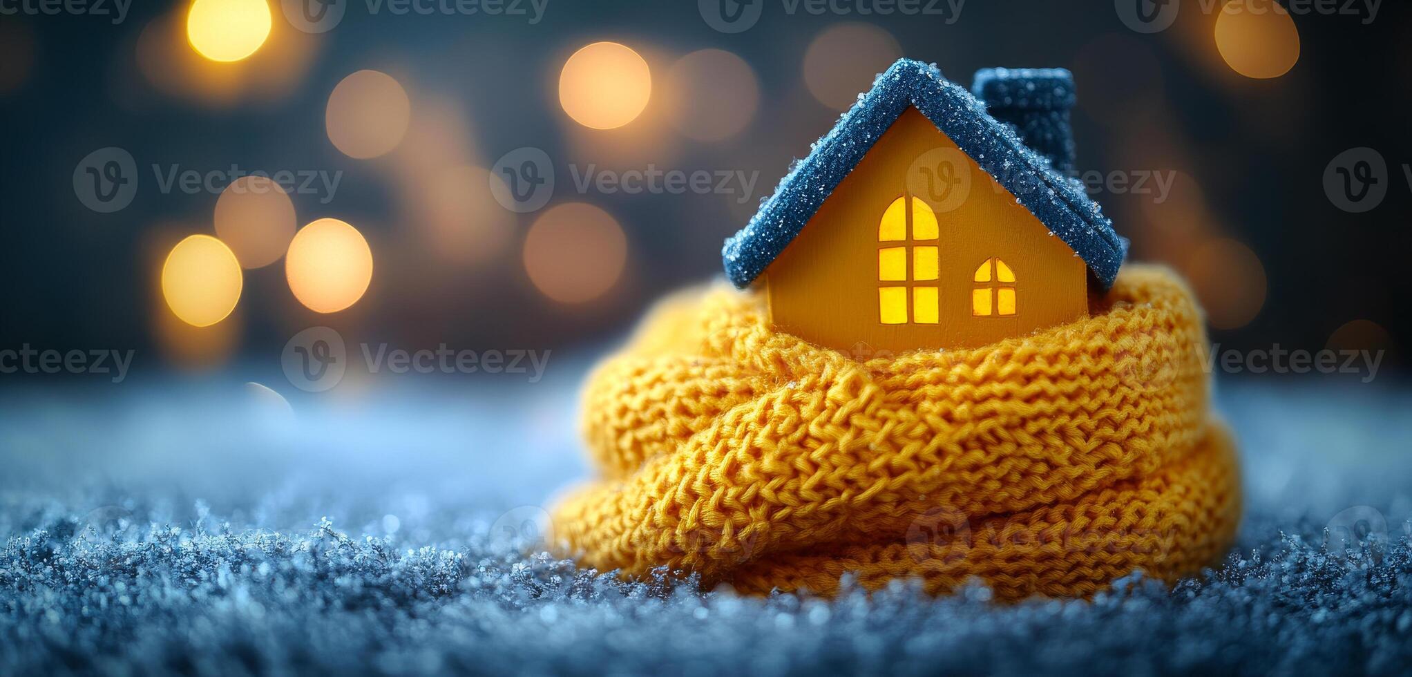 A yellow house is sitting on a blanket on the ground. The house is small and cozy, and the blanket is wrapped around it, making it look like it's being kept warm and snug photo