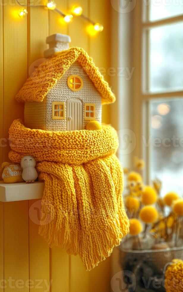A yellow house with a knit scarf draped over it. The house is small and cozy, and the scarf adds a warm and inviting touch to the scene photo