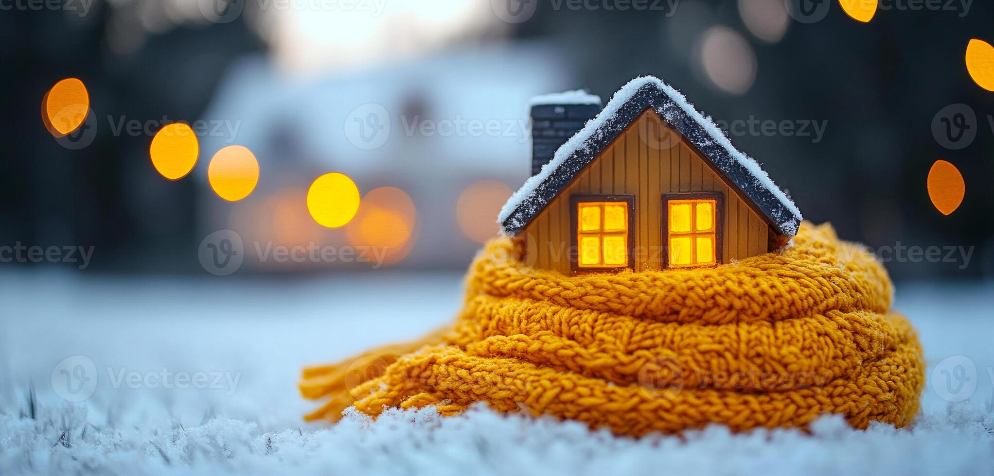 A small house is covered in snow and is sitting on a blanket. The house is lit up with a warm glow, giving it a cozy and inviting atmosphere photo