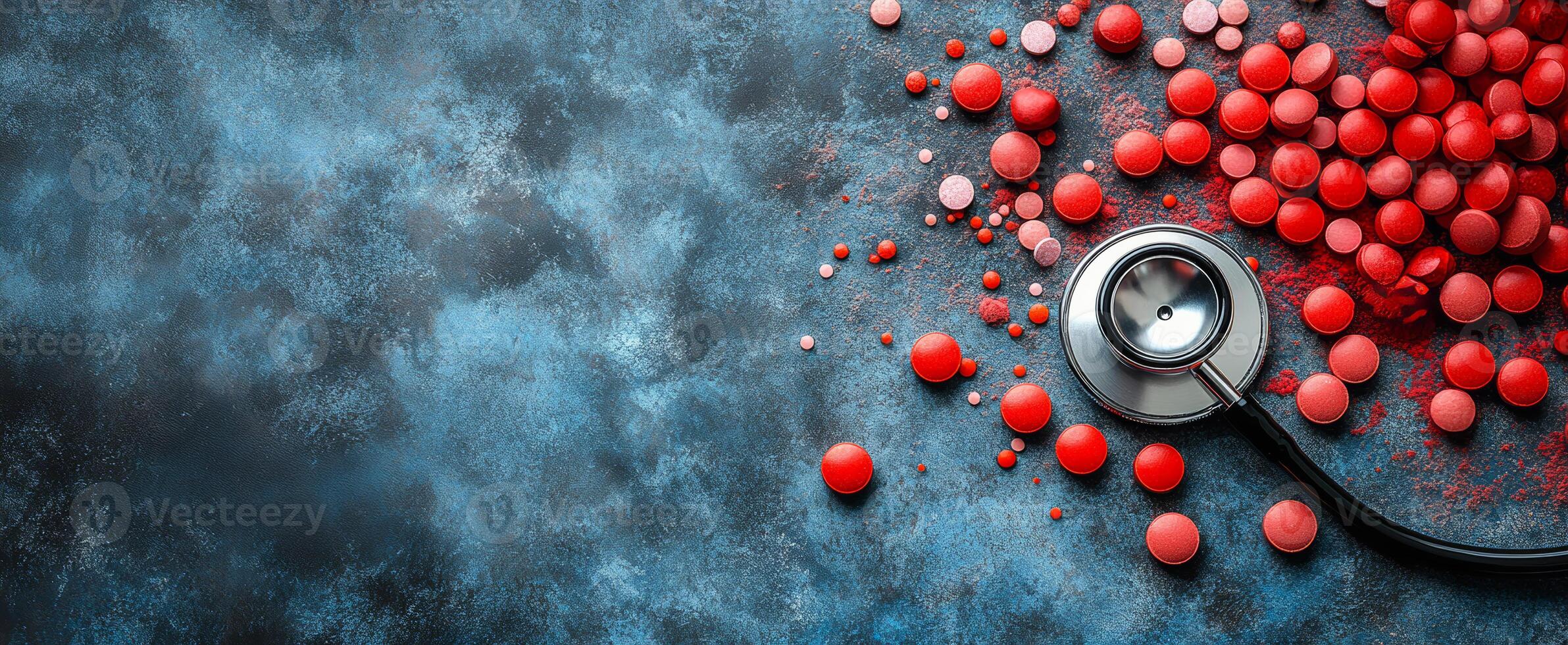 A close up of a stethoscope with a pile of red pills on a blue background. The pills are scattered all over the background, and the stethoscope is placed in the middle of the pill pile photo