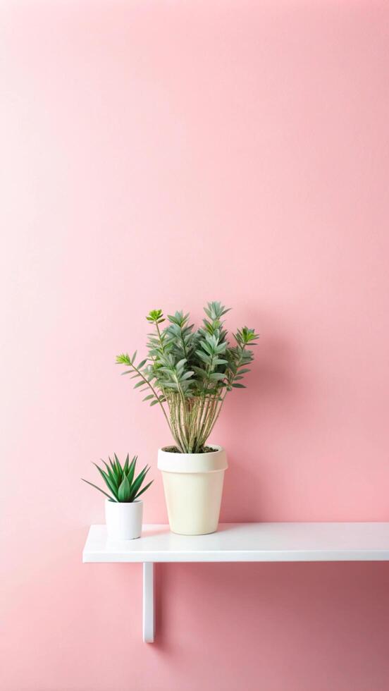 Pink wall with white shelf and potted plant photo