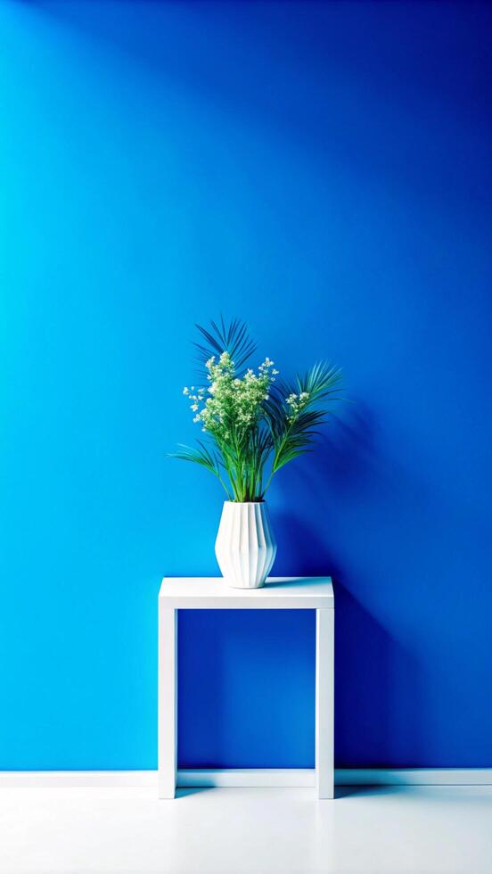 A white table with a vase of flowers on it photo