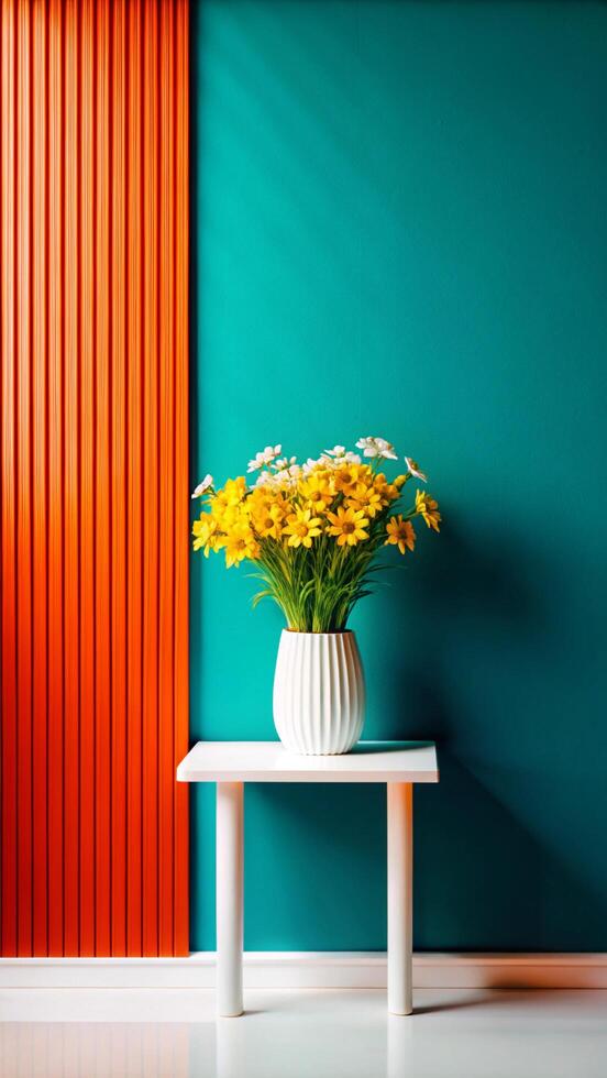 A vase with yellow flowers sits on a table in front of a blue wall photo