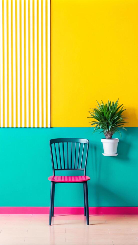 A chair against a bright yellow wall with a plant photo