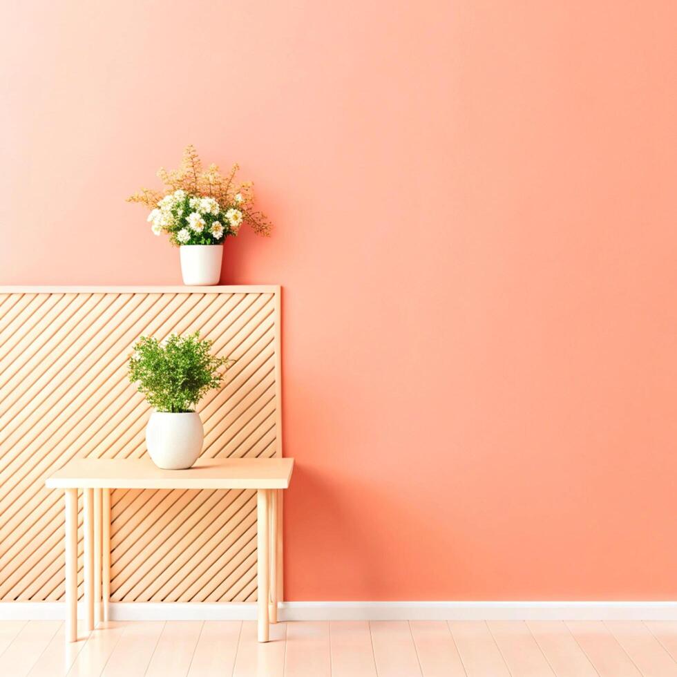 A table with a plant on it and a wall with a bright pink wall photo