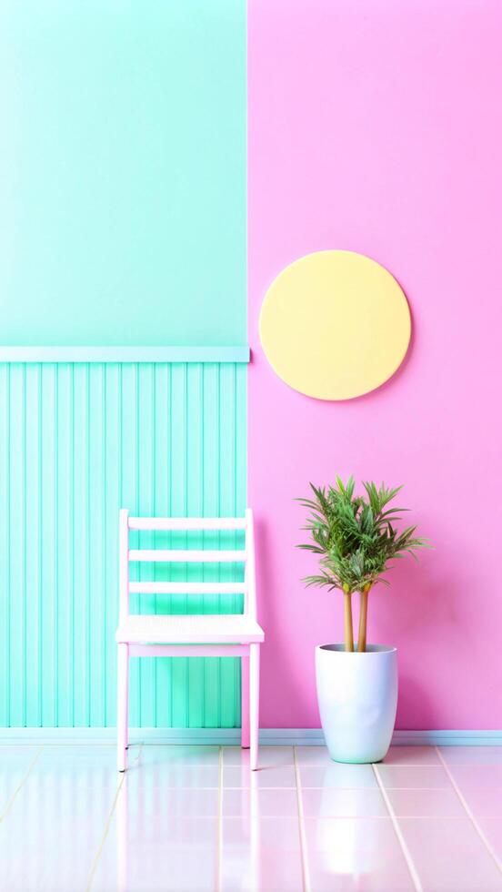 A white chair and a plant in front of a pink and blue wall photo