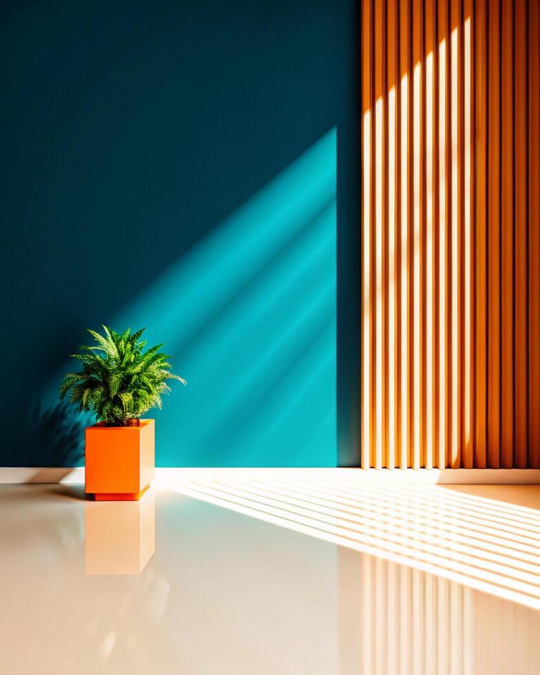 A room with a plant in a pot on the floor photo