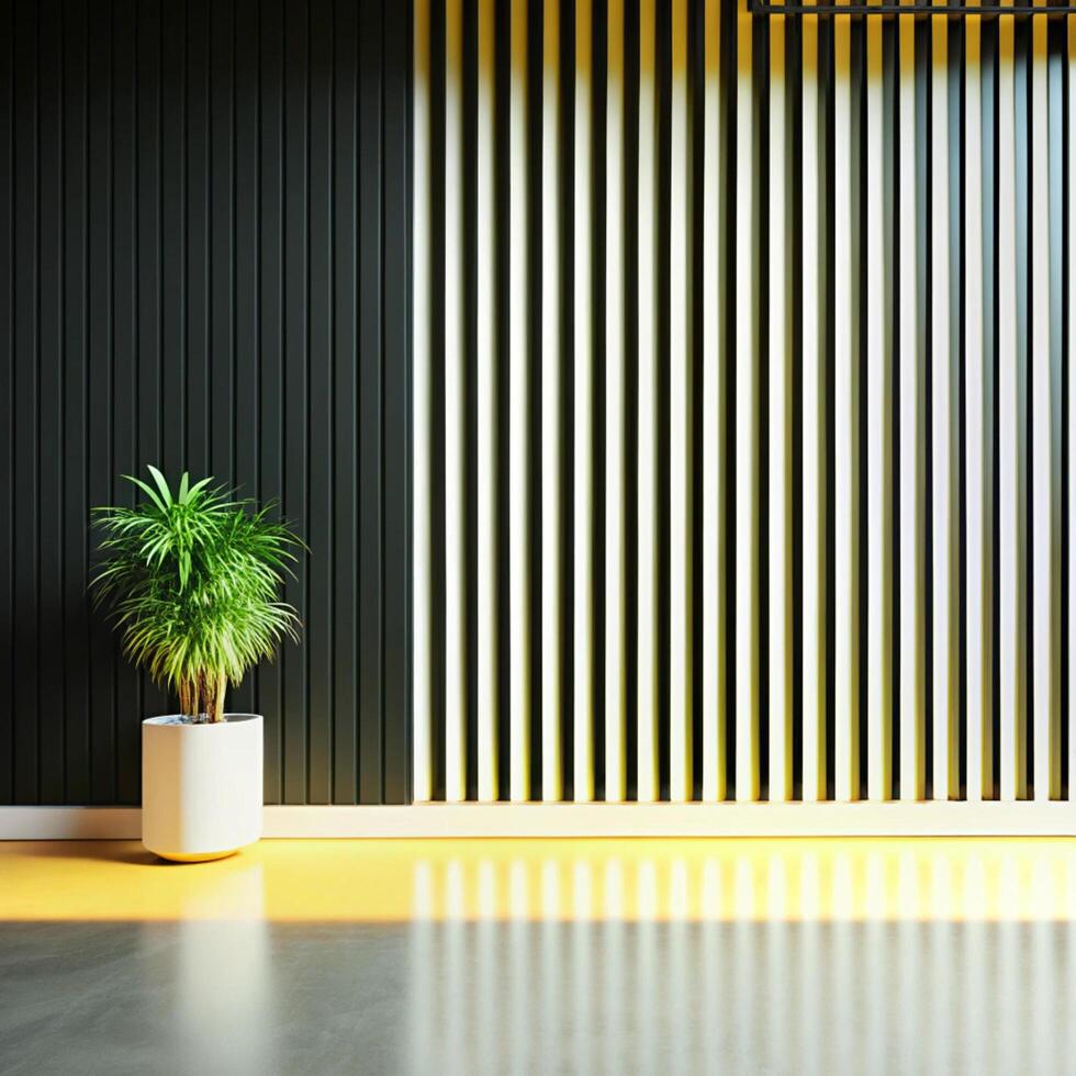 A plant in a vase on a yellow floor next to a wall photo