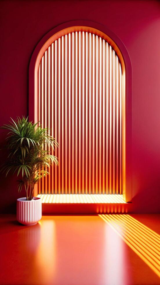A red room with a window and a plant in a pot photo