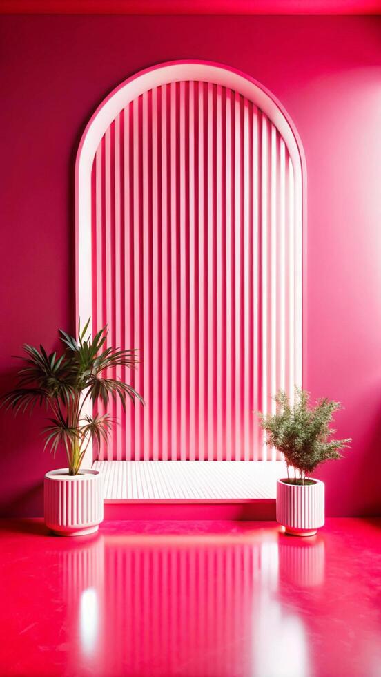 A pink room with a window and two potted plants photo