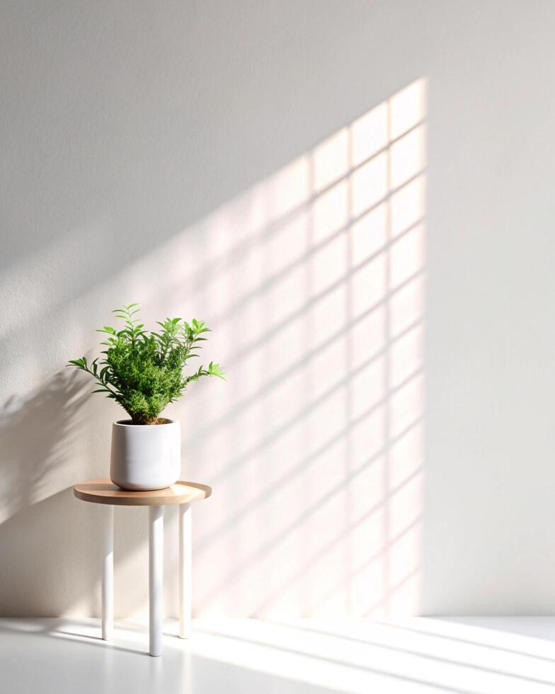 A potted plant sits on a table next to a wall photo