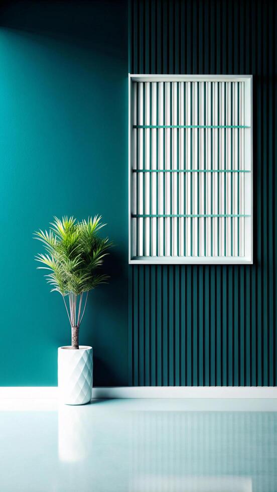 A green wall with a potted plant in front of it photo