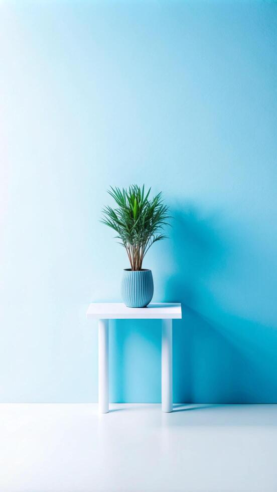 A small plant sits on a white table in front of a blue wall photo