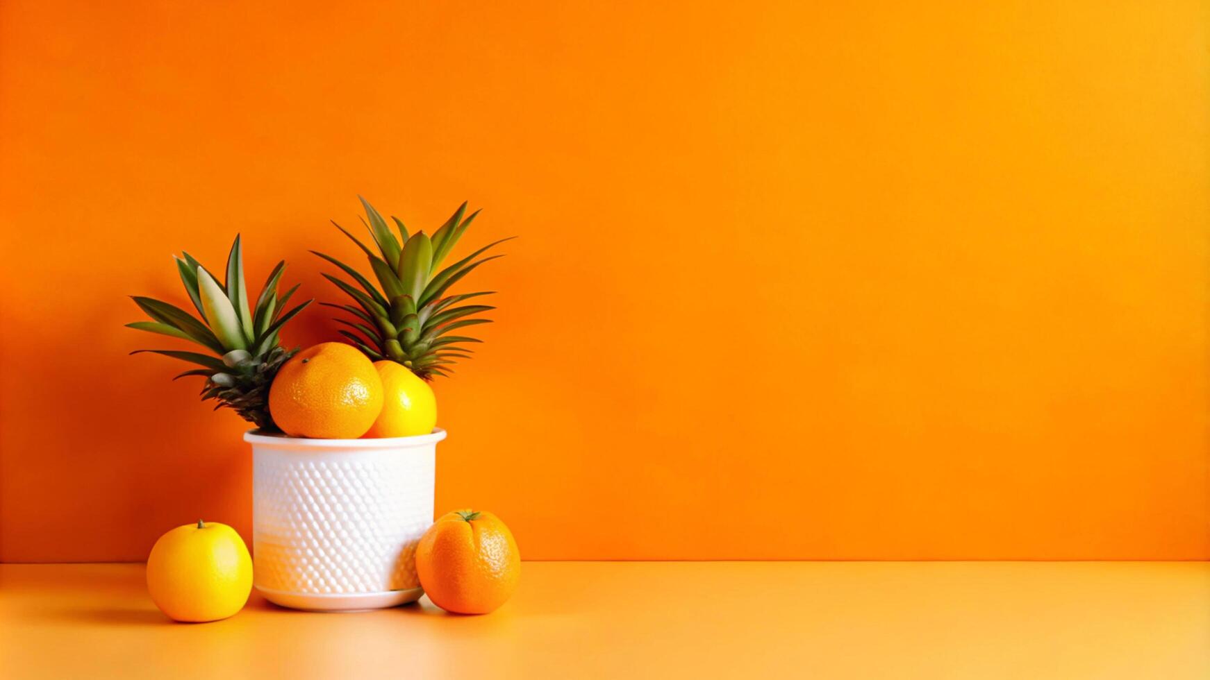 Orange background with citrus fruits and pineapples photo