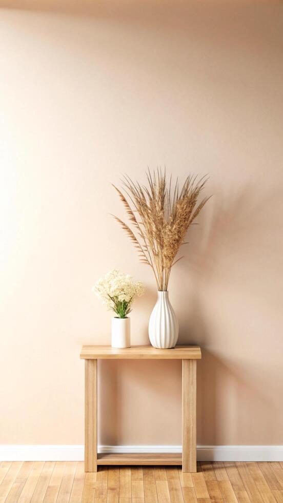 A table with a vase of dry grass and a vase of flowers photo