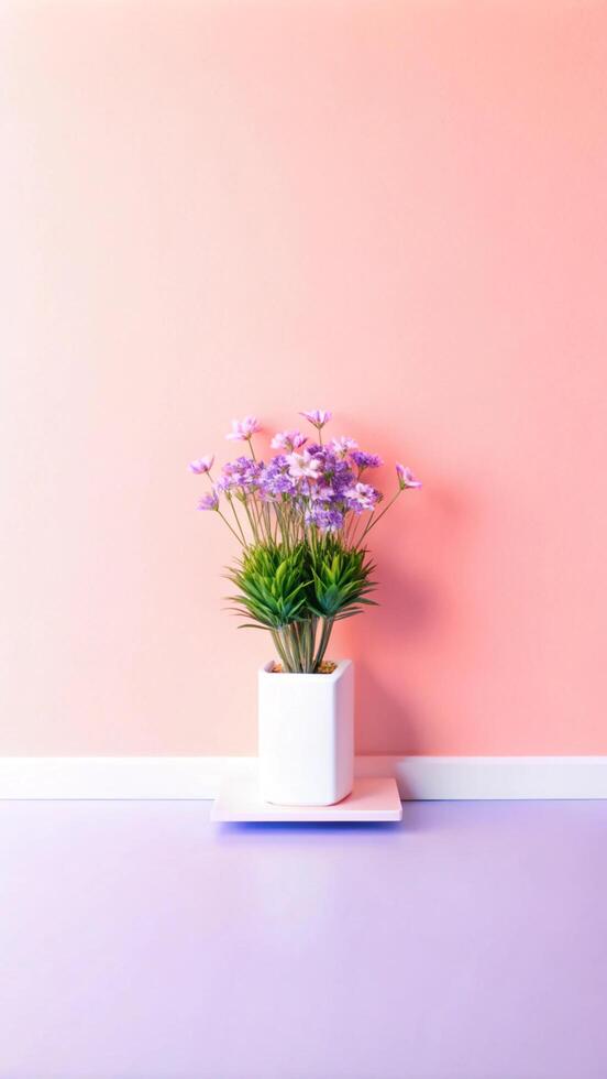 A vase of flowers sits on a table in front of a pink wall photo