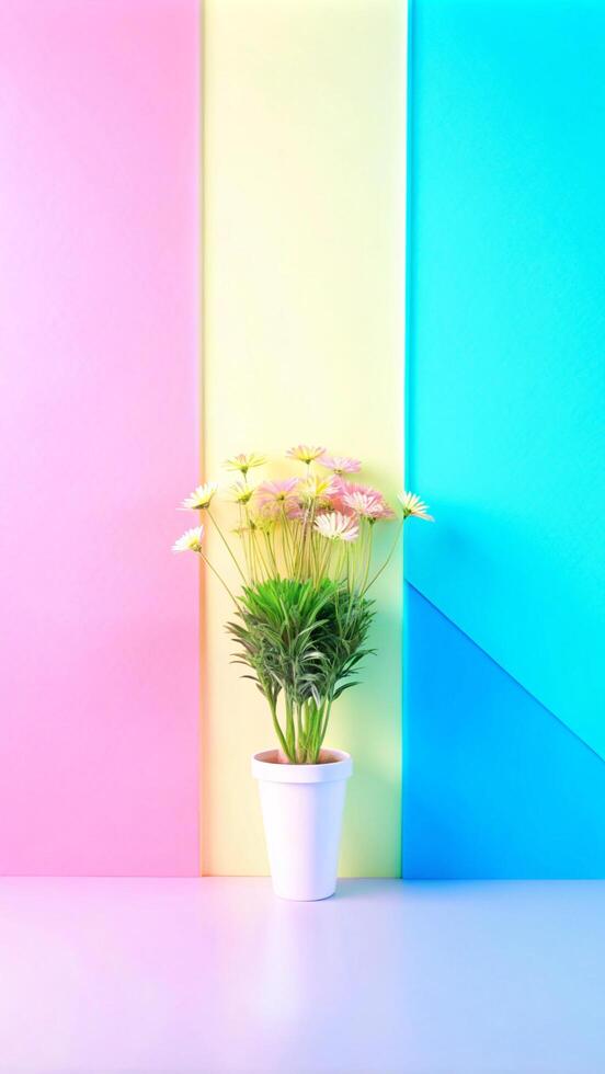 Flower pot on a table in front of colorful wall photo