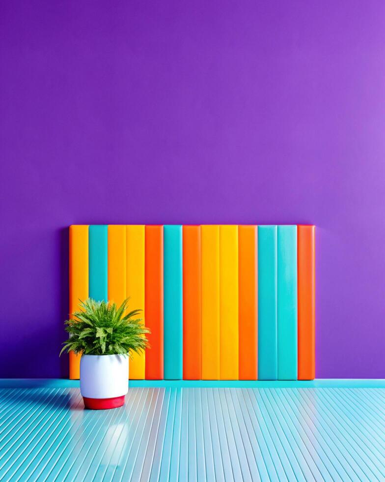 Colorful wall with colorful furniture and a plant photo