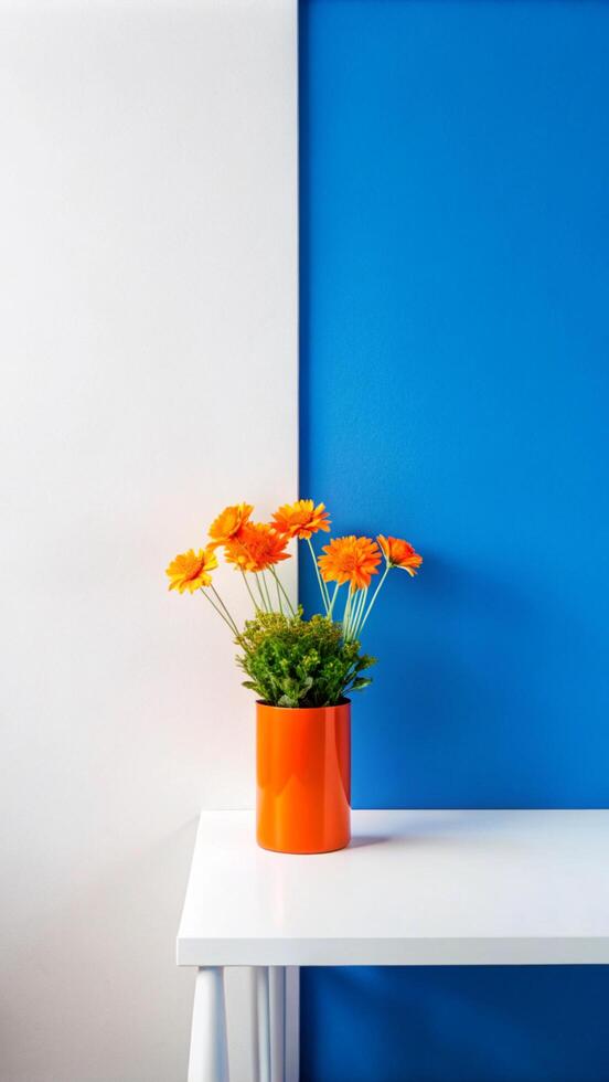 Orange flowers in a vase on a table next to a blue wall photo