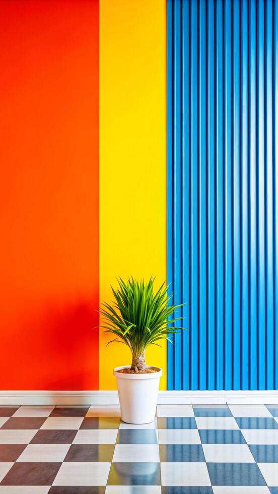 Colorful wall with a potted plant in front of it photo
