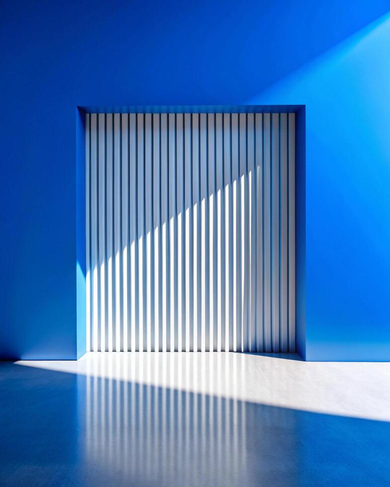 A blue room with a white door and a light shining on it photo