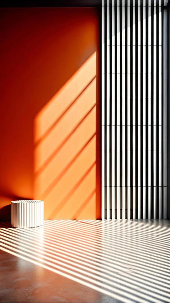 A white bench and a red wall with shadows photo