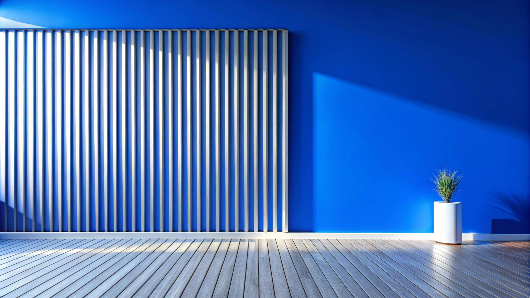 A blue wall with a white radiator and a plant photo