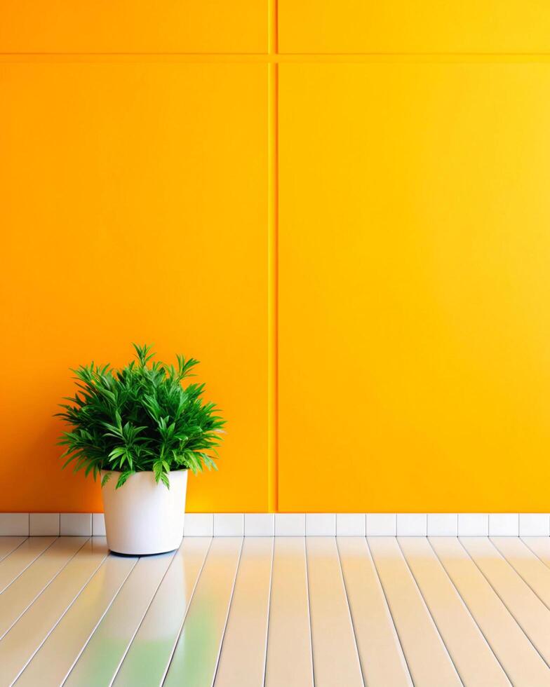 Orange wall with plant in pot on wooden floor photo