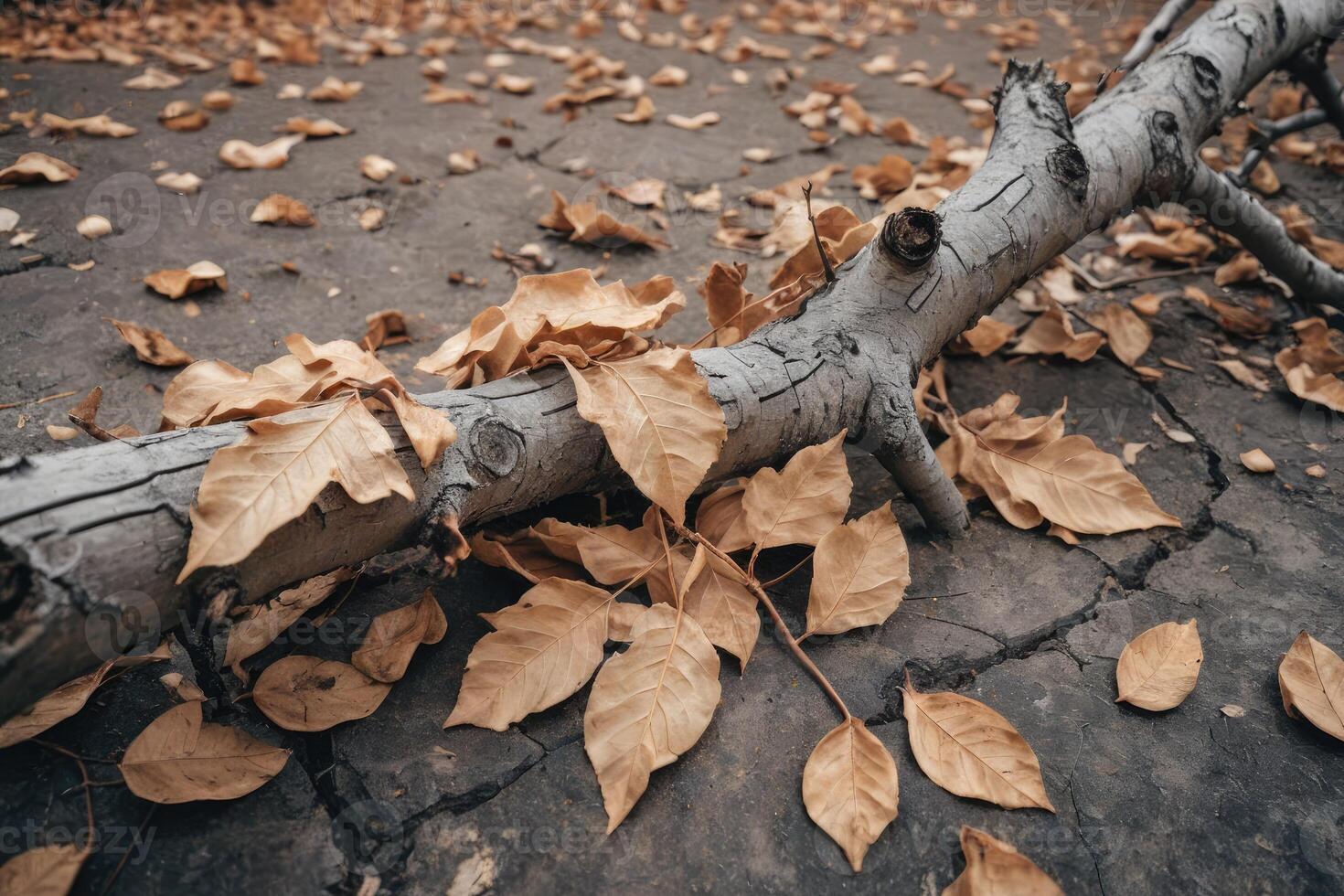 fallen tree branch with dry leaves photo