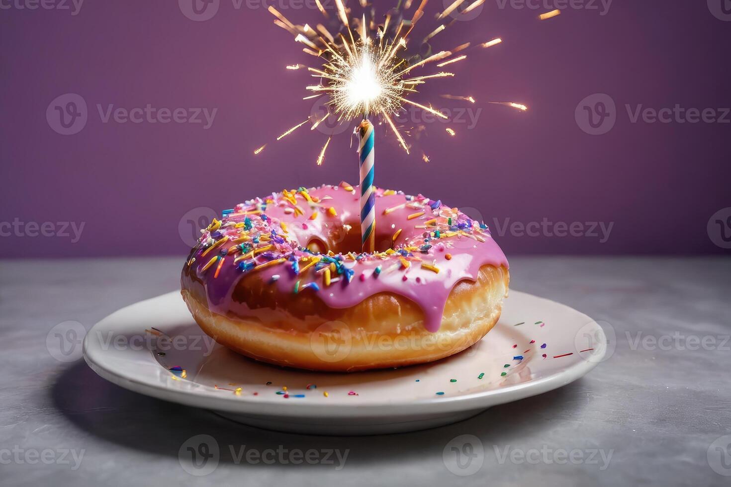 front view birthday donut with lit sparkler photo